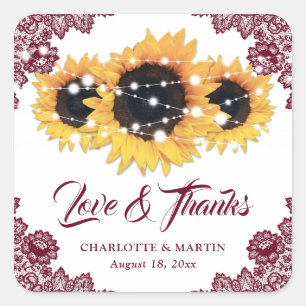 Burgundy Rustic Chic Sunflower Wedding Thank You Square Sticker