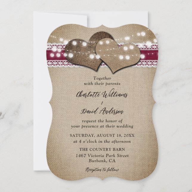 Burgundy Rustic Country Burlap Lace Wedding Invitation (Front)