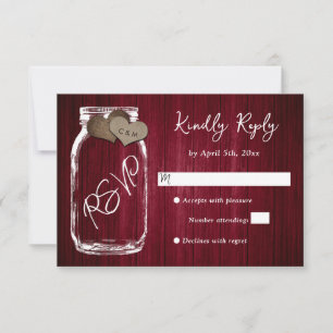 Burgundy Rustic Country Wood Mason Jar Wedding RSVP Card