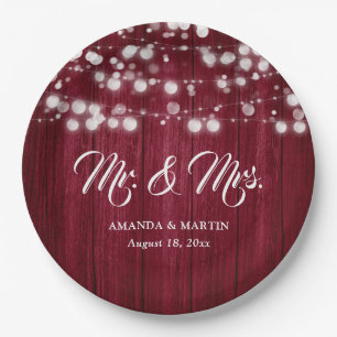 Burgundy Rustic Country Wood String Lights Wedding Paper Plate