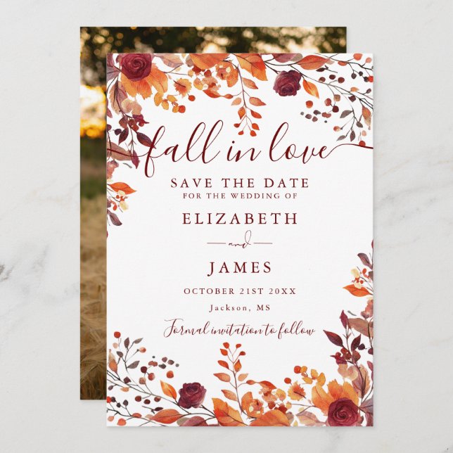 Burgundy Rustic Fall Autumn Photo Wedding Save The Date (Front/Back)