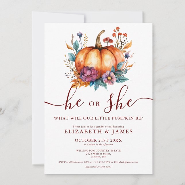 Burgundy Rustic Fall Floral Pumpkin Gender Reveal Invitation (Front)