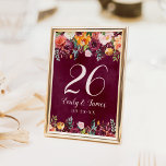 Burgundy Rustic Fall Floral Wedding Monogram Table Number<br><div class="desc">Rustic romantic style wedding table number cards feature a stylish pale pink monogram with numbers framed by a floral watercolor arrangement with beautiful roses, dahlias, peony flowers, and greenery, in a gorgeous autumn palette of burgundy red, golden yellow, peach orange, blush pink, and shades of green. Rich burgundy red background...</div>