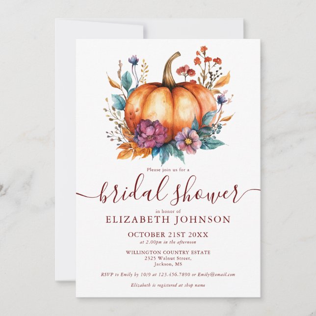 Burgundy Rustic Fall Pumpkin Bridal Shower Invitation (Front)