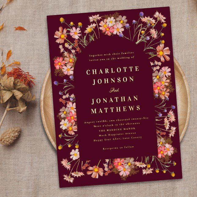 Burgundy Rustic Floral Arch Fall Wedding Gold (Boho floral arch Elegant burgundy and gold foil fall wedding invitation Watercolor wildflowers )