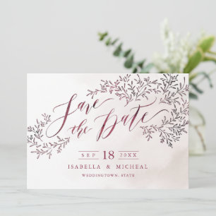 Burgundy rustic floral calligraphy save the date