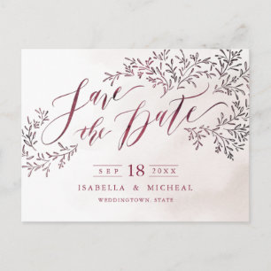 Burgundy rustic floral calligraphy save the date announcement postcard