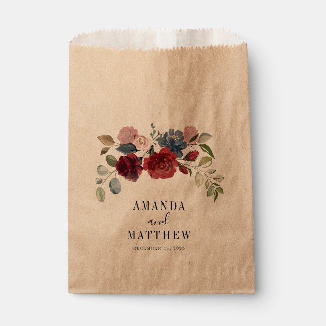 Burgundy Rustic Floral Custom Wedding Favour Bag (Front)