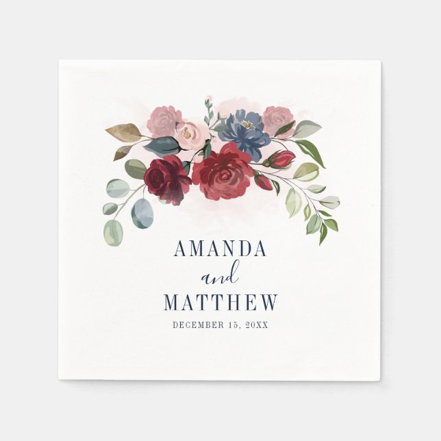 Burgundy Rustic Floral Custom Wedding Paper Napkin (Front)