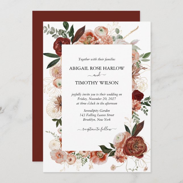 Burgundy Rustic Floral Gold Rose Marsala Wedding  Invitation (Front/Back)