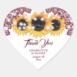 Burgundy Rustic Floral Lace Sunflower Wedding Heart Sticker