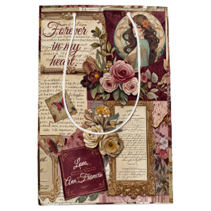 Burgundy Rustic Floral - Romantic Vintage Collage Medium Gift Bag