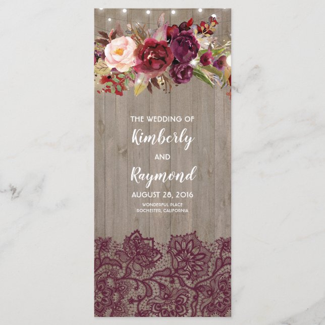 Burgundy Rustic Floral Wedding Programs Programme (Front)