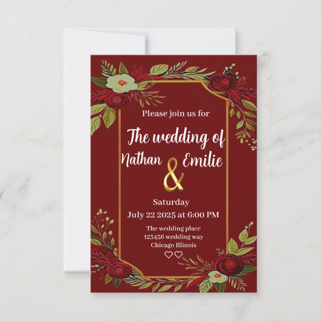 Burgundy rustic flowers wedding  invitation (Front)