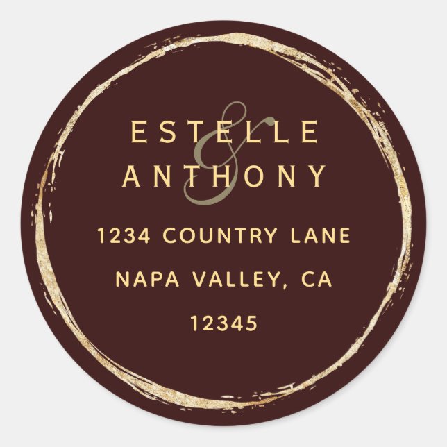 Burgundy Rustic Gold Ampersand Return Address Classic Round Sticker (Front)