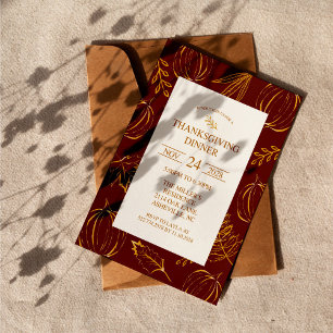Burgundy Rustic Gold Pattern Thanksgiving Dinner Invitation
