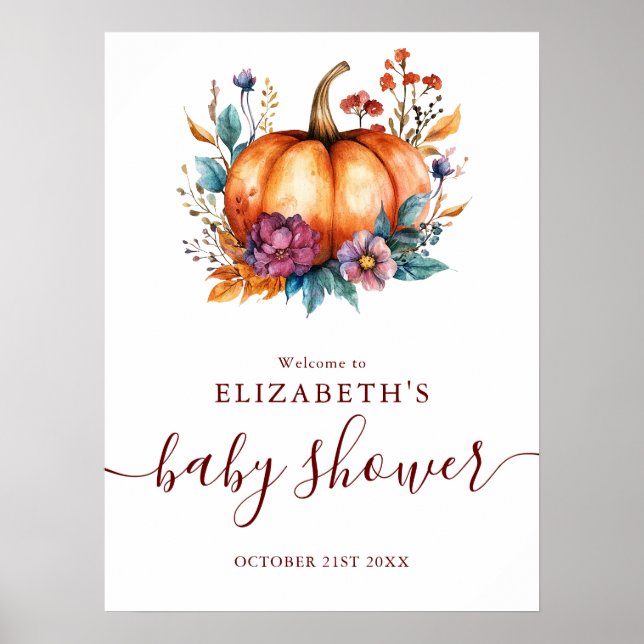 Burgundy Rustic Pumpkin Baby Shower Welcome Sign (Front)