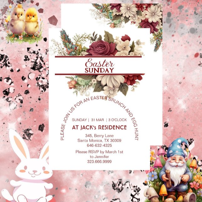 Burgundy Rustic Roses Pastel Floral Easter Sunday  Invitation (Burgundy Rustic Roses Pastel Floral Easter Sunday Invitation)