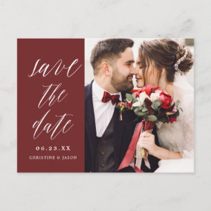 Burgundy Rustic Script Couple Photo Save the Dates Announcement Postcard