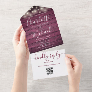 Burgundy Rustic String Lights QR Code Wedding  All In One Invitation