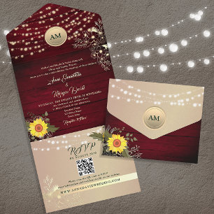 Burgundy Rustic String Lights Sunflower Wedding All In One Invitation