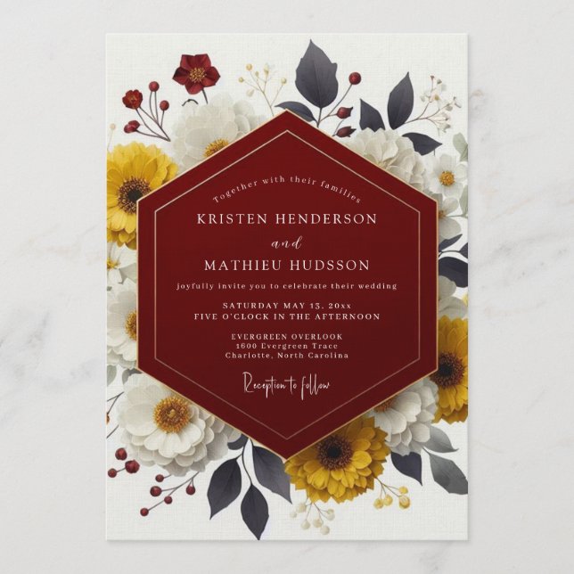 Burgundy Rustic Sunflower Autumn Wedding Invitation (Front)