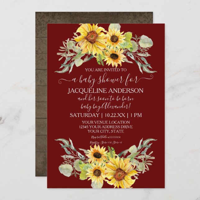 Burgundy Rustic Sunflower Drive By Boy Baby Shower Invitation (Front/Back)