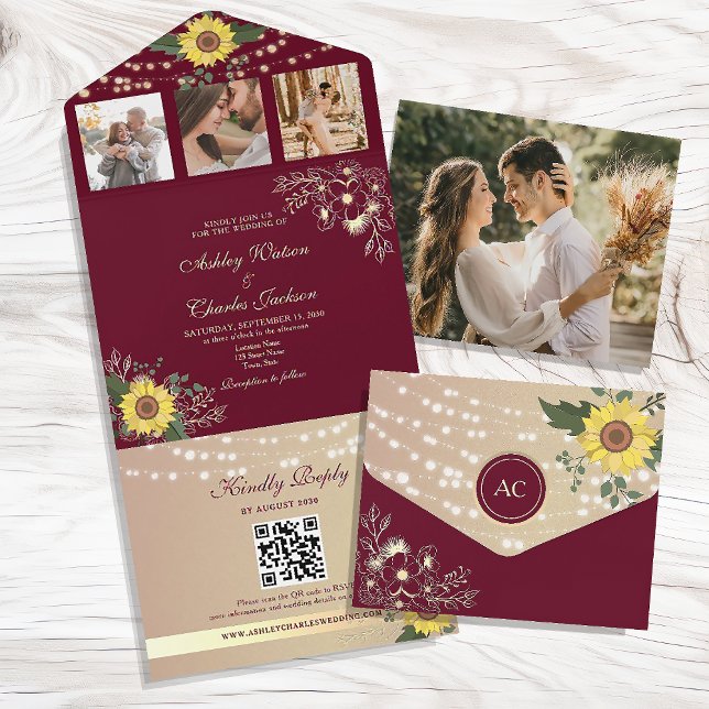 Burgundy Rustic Sunflower Wedding All In One Invitation (Creator Uploaded)