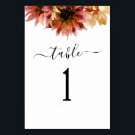 Burgundy Rustic Sunflower Wedding Table Number<br><div class="desc">Burgundy and Yellow Sunflower Rustic Outdoor Foliage Watercolor Spring Wedding Table Number Elegant and Modern Invitations on White background - includes beautiful and elegant script typography with modern botanical Fall or Autumn leaves for the special Wedding day celebration.</div>