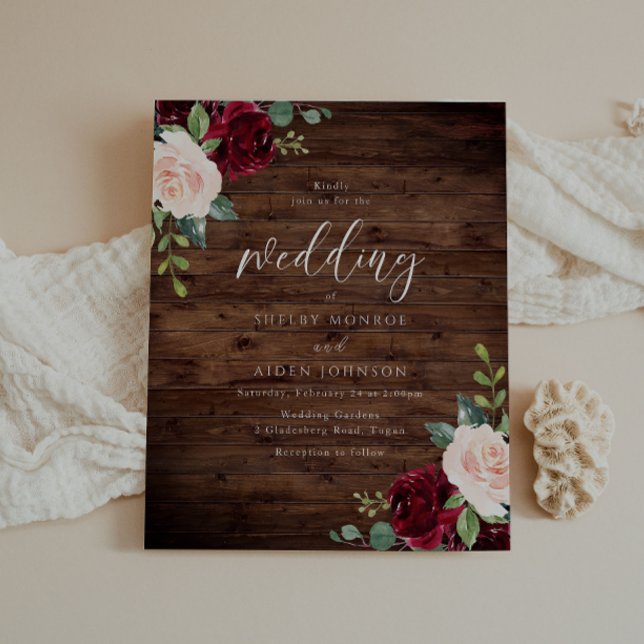 Burgundy Rustic Wood Budget Wedding Invitation (Creator Uploaded)