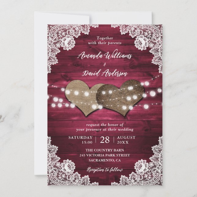 Burgundy Rustic Wood Burlap Lace Lights Wedding Invitation (Front)