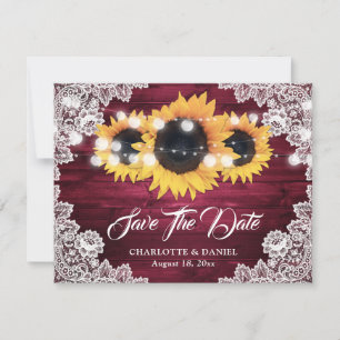 Burgundy Rustic Wood Floral Lace Sunflower Wedding Announcement