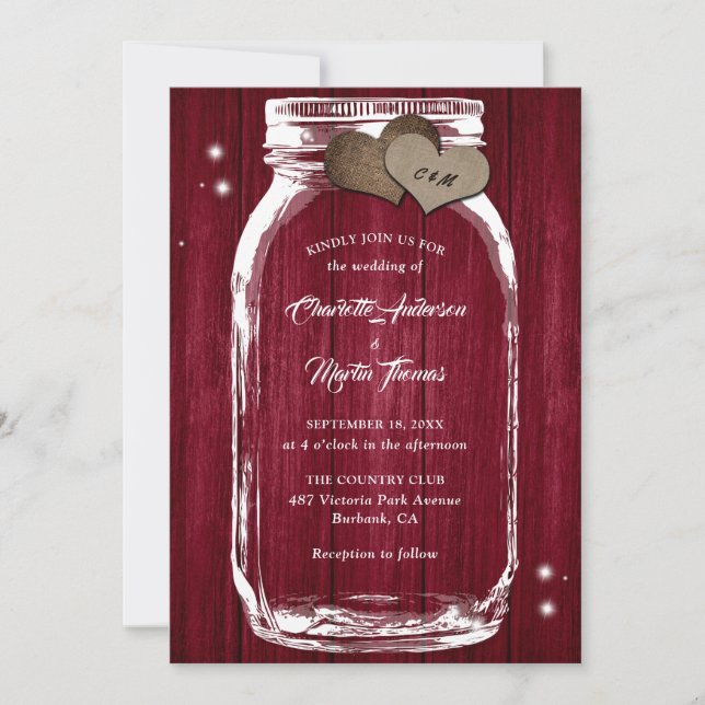 Burgundy Rustic Wood Hearts Mason Jar Wedding Invitation (Front)