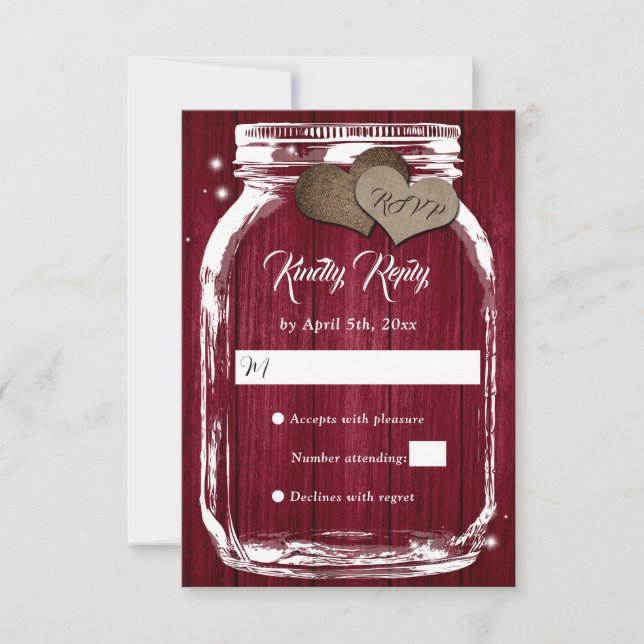 Burgundy Rustic Wood Hearts Mason Jar Wedding RSVP (Front)