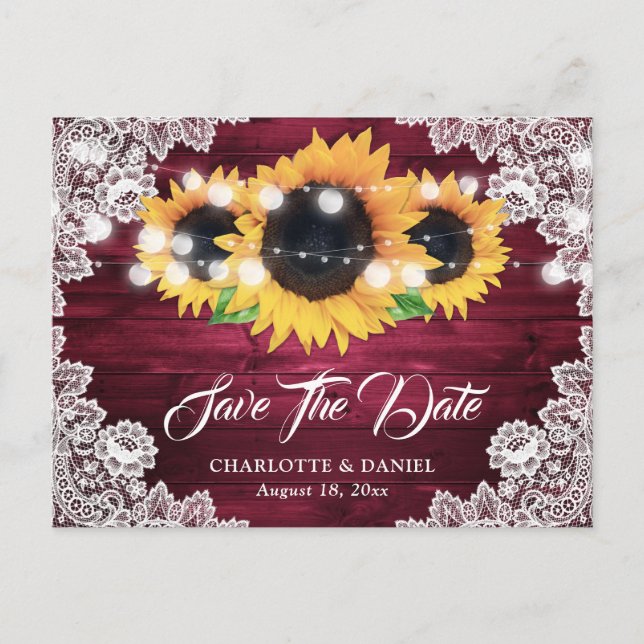 Burgundy Rustic Wood Lace Sunflower Save The Date Announcement Postcard (Front)