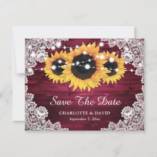 Burgundy Rustic Wood Lace Sunflower Wedding Announcement