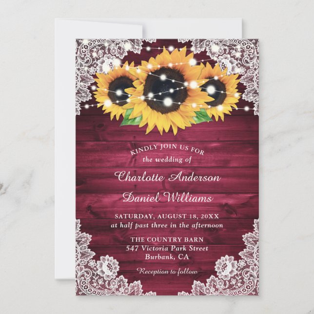 Burgundy Rustic Wood Lace Sunflower Wedding Invitation (Front)