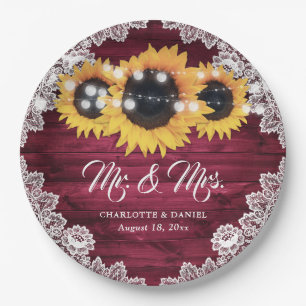 Burgundy Rustic Wood Lace Sunflower Wedding Paper Plate