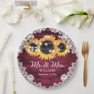Burgundy Rustic Wood Lace Sunflower Wedding Paper Plate