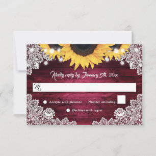 Burgundy Rustic Wood Lace Sunflower Wedding RSVP Card