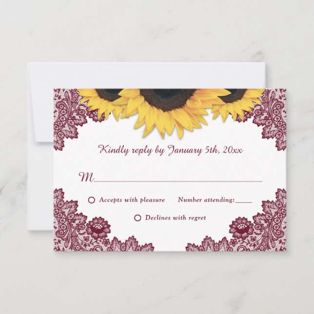 Burgundy Rustic Wood Lace Sunflower Wedding RSVP Card (Front)