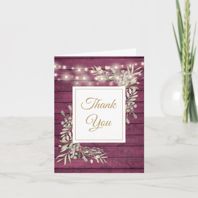 Burgundy Rustic Wood String Lights Greenery Photo Thank You Card (Front)