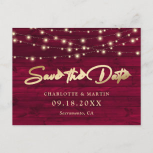 Burgundy Rustic Wood String Lights Save The Date Announcement Postcard