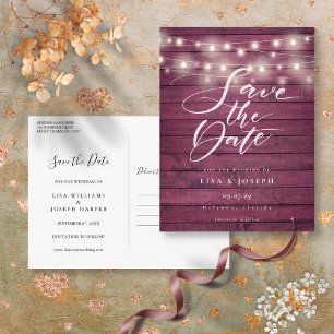 Burgundy Rustic Wood String Lights Save the Date Postcard