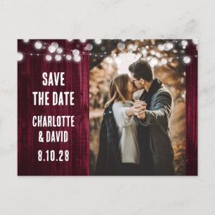 Burgundy Rustic Wood String Lights Wedding Photo Announcement Postcard