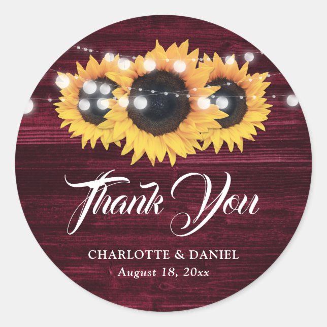 Burgundy Rustic Wood Sunflower Wedding Thank You Classic Round Sticker (Front)