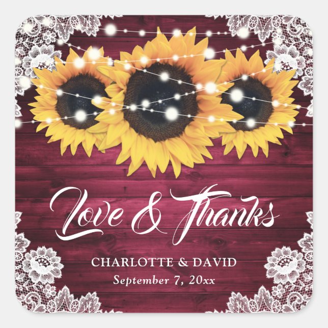 Burgundy Rustic Wood Sunflower Wedding Thank You Square Sticker (Front)
