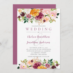Burgundy, Saffron, Mauve Watercolor Blooms Wedding Invitation