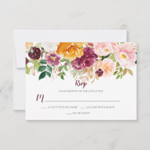 Burgundy Saffron Pink Mauve Rustic Floral RSVP Card