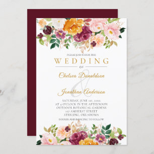 Burgundy, Saffron, Pink Watercolor Blooms Wedding Invitation